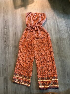 Orange Printed Strapless Wide-Leg Jumpsuit